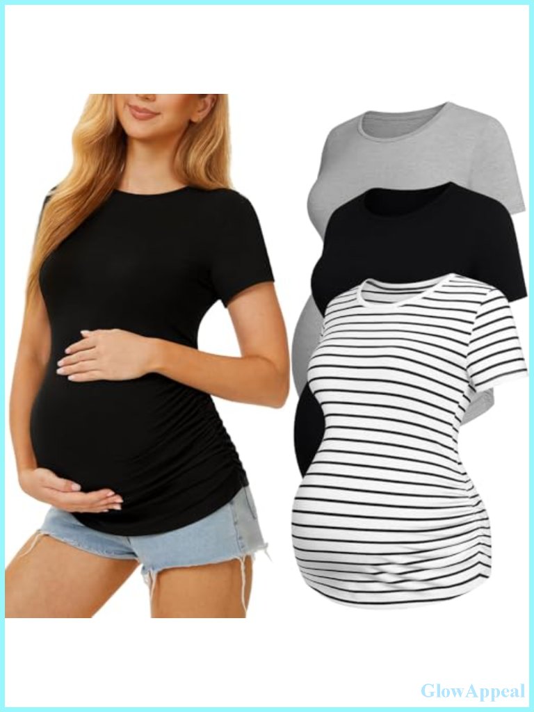 3 Pack Maternity Tops Crew Neck Short Sleeve Side Ruched Fit